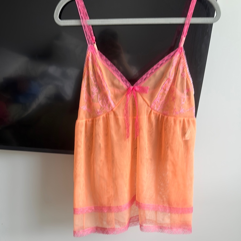 Valerie Stevens Pink and Orange Mesh Chemise Soft Stretchy Sleepwear Large EUC